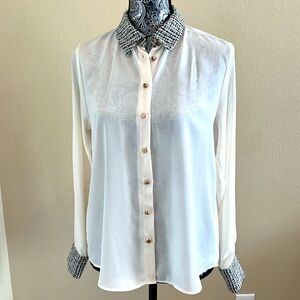 NWT! Zara White Blouse with Tweed Collar size medium